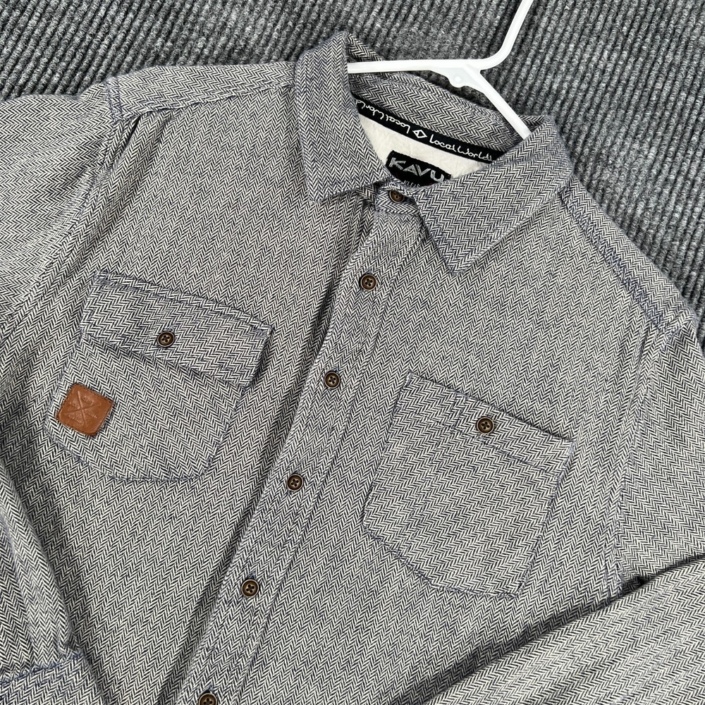 KAVU Shirt Mens Medium Gray Flannel Long Sleeve Button Up Pockets Outdoor